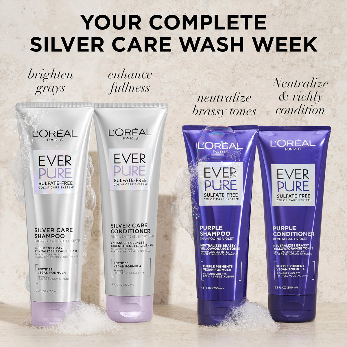 L'Oreal Paris EverPure Silver Care Sulfate Free Shampoo and Conditioner Set, Nourishing Vegan Formula with Peptides for Brightening Gray Hair, 1 Kit