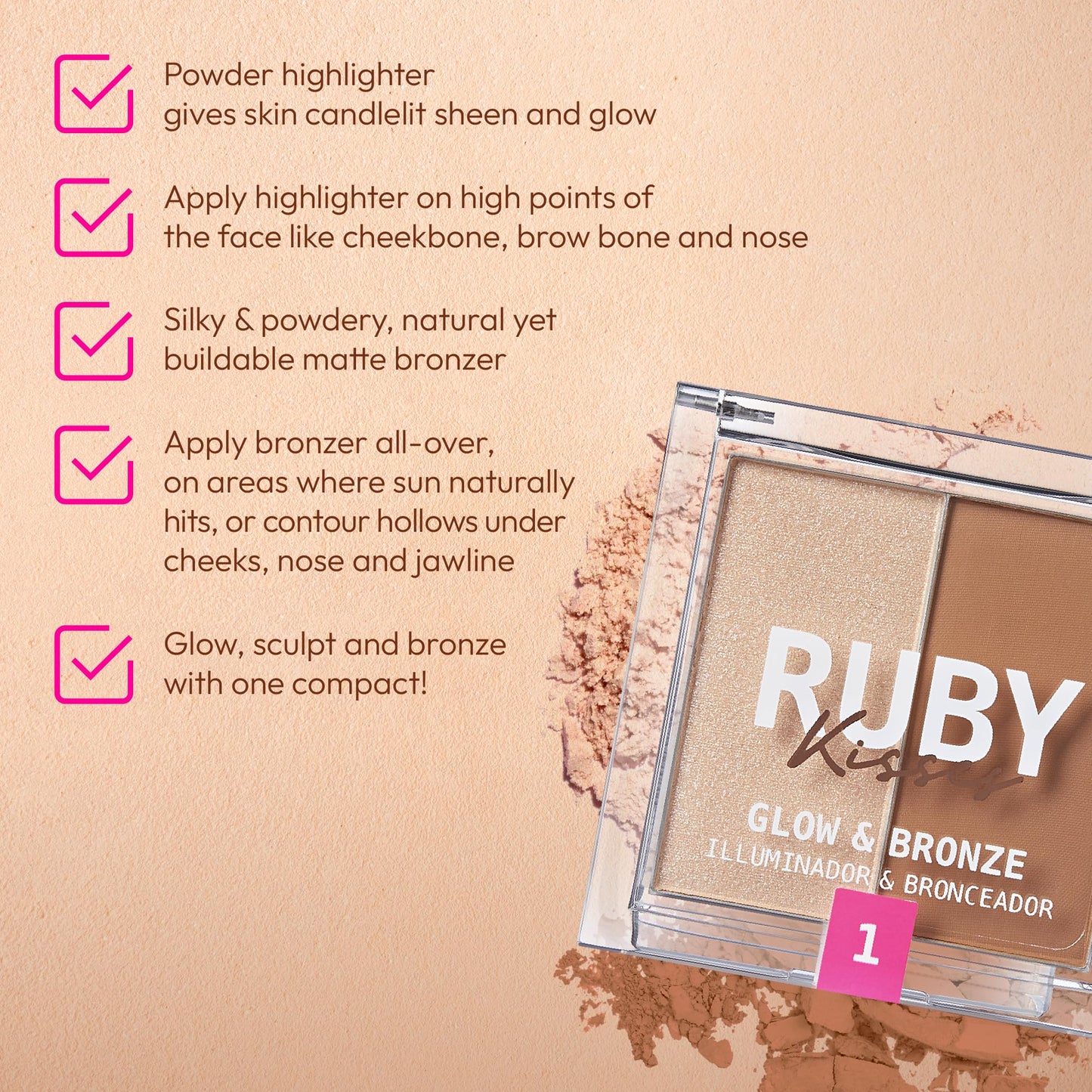 Ruby Kisses Glow & Bronze Highlighter/Bronzer Duo, 2 -in-1 Gel to Powder Illuminating Highlight + Silky Matte Bronzer, Contour & Sculpt for Luminous Beauty & Personal Care Ruby Kisses
