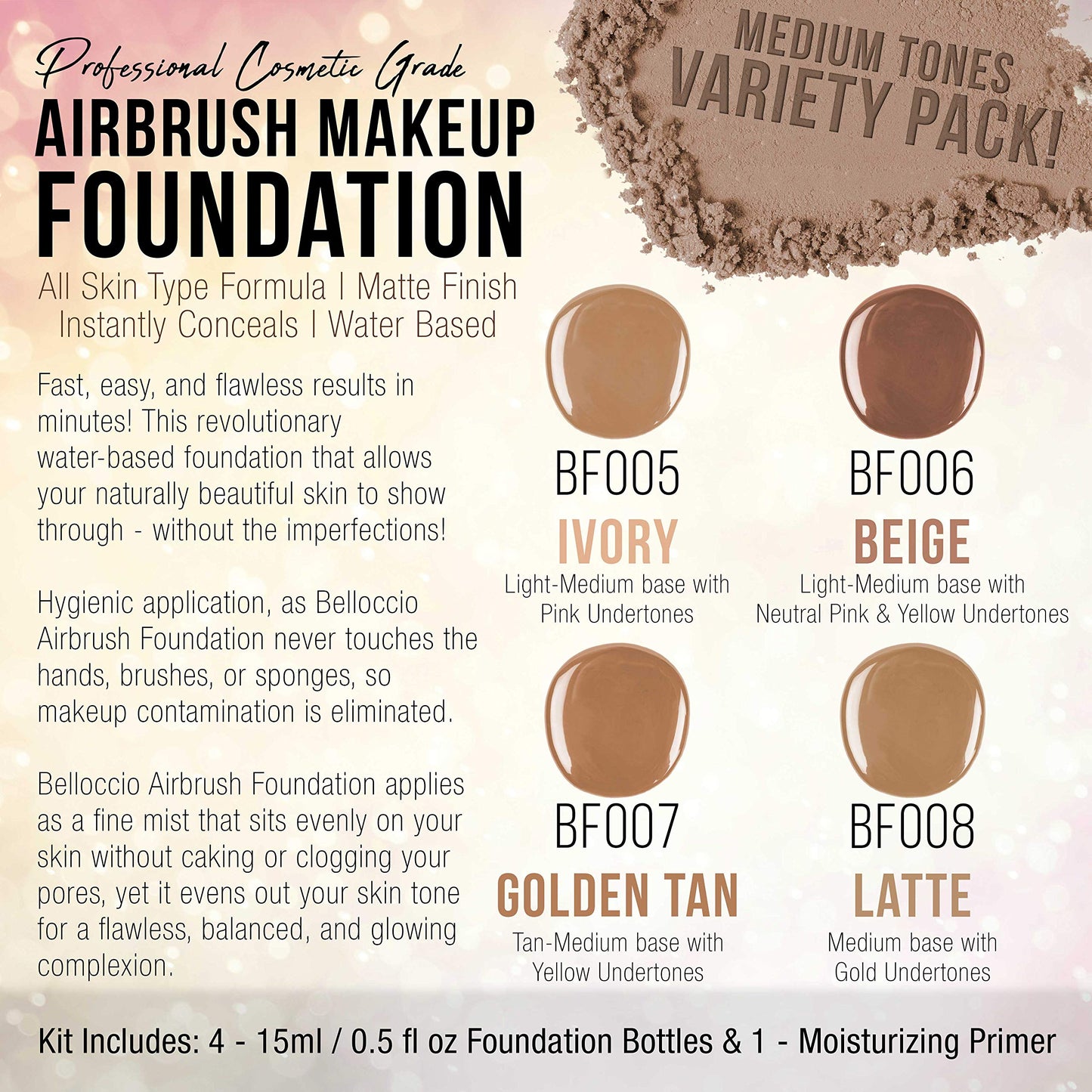 Belloccio Medium Color Shade Foundation Set - Professional Cosmetic Airbrush Makeup in 1/2 oz Bottles Beauty & Personal Care Belloccio
