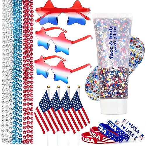 4th of July Outfits for Women, Red White and Blue Face Body Glitter Gel, 9Pcs Necklaces, 6Pcs Silicone Bracelets, 4 Mini USA Flags, 3 Pairs Star Beauty & Personal Care Qaeshi