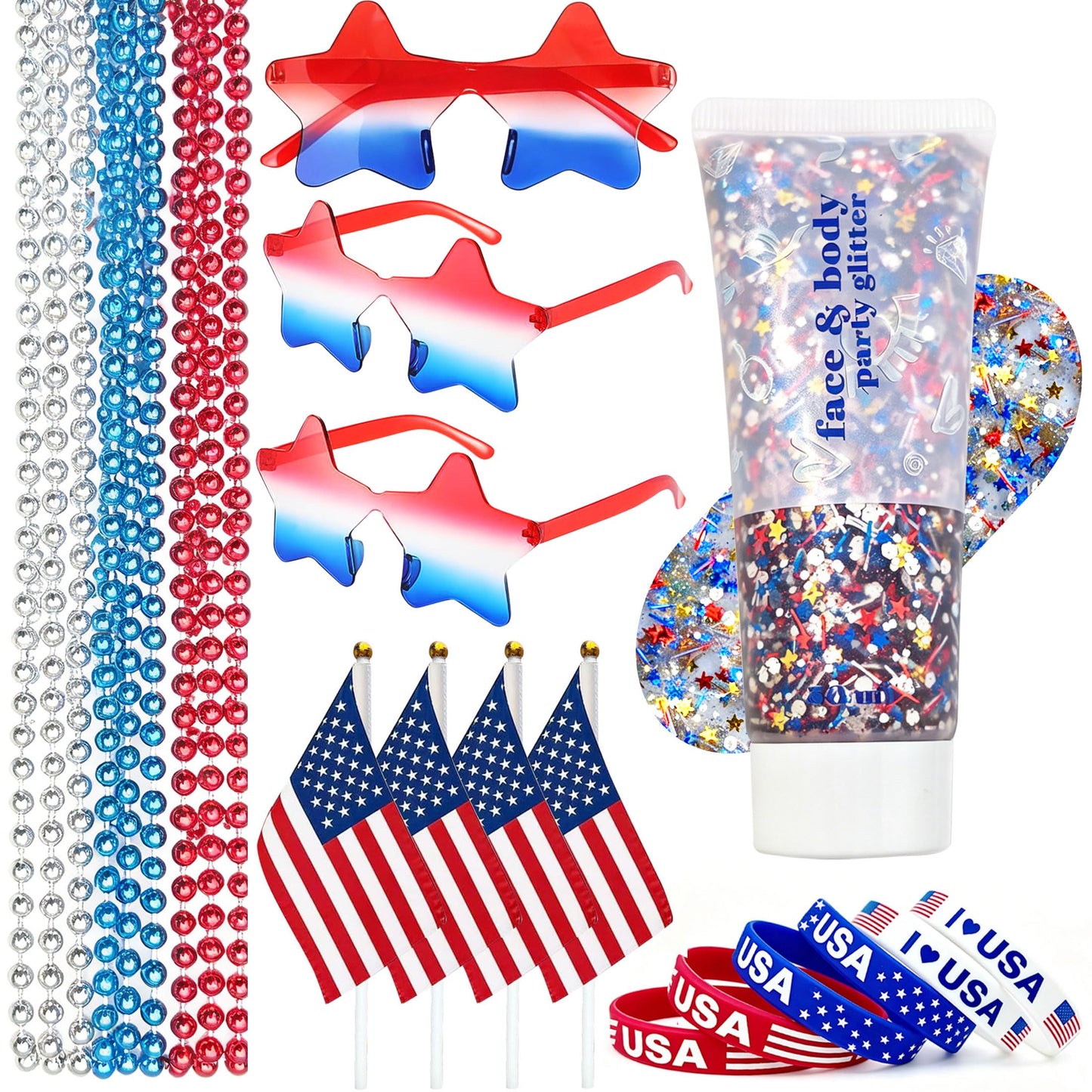 4th of July Outfits for Women, Red White and Blue Face Body Glitter Gel, 9Pcs Necklaces, 6Pcs Silicone Bracelets, 4 Mini USA Flags, 3 Pairs Star Beauty & Personal Care Qaeshi