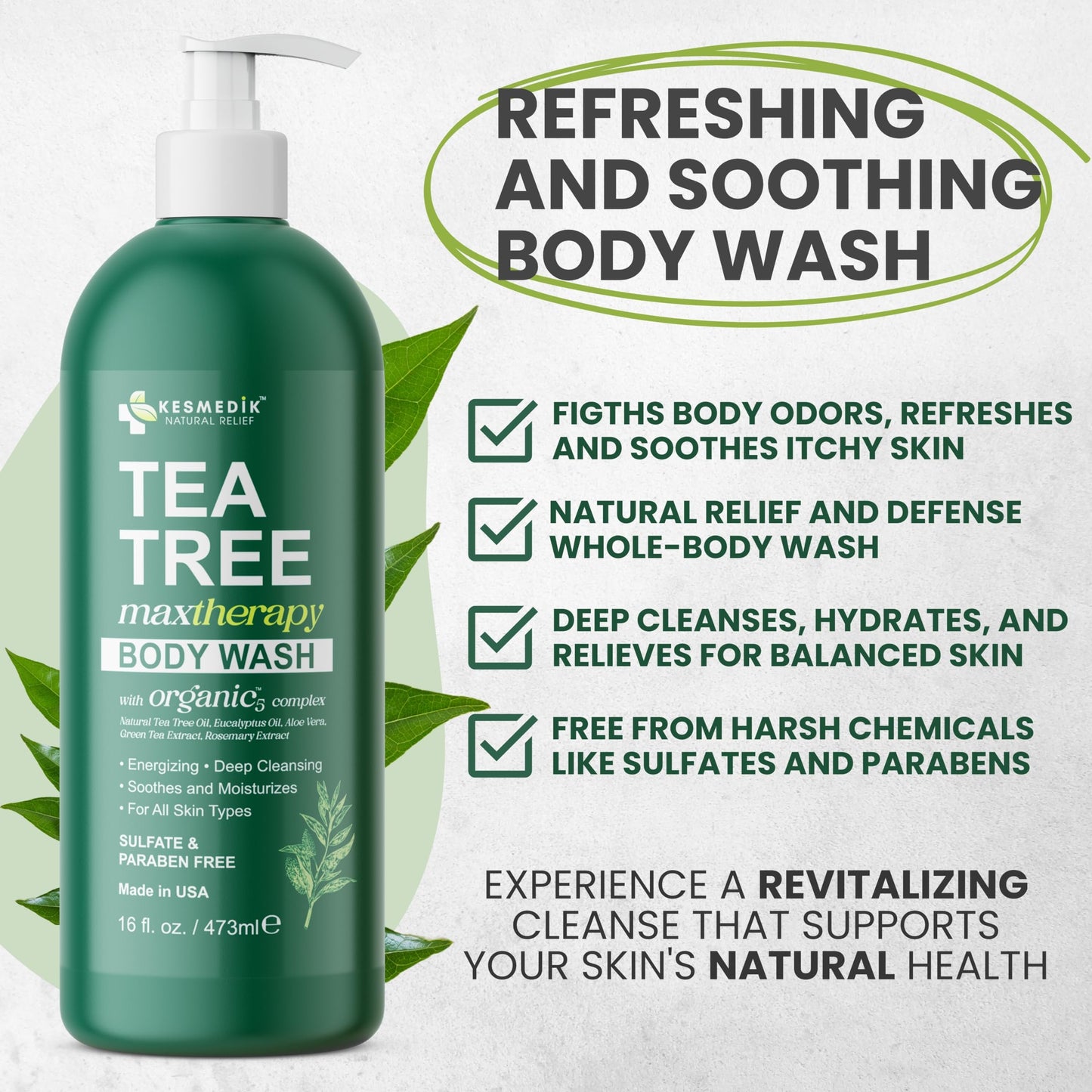 KESMEDIK Tea Tree Body Wash MaxTherapy with Eucalyptus, Aloe & 100% Tea Tree Oil for Skin, Cleans, Soothes and Refreshes Sensitive, Itchy Skin, Body Beauty and Personal Care KESMEDIK