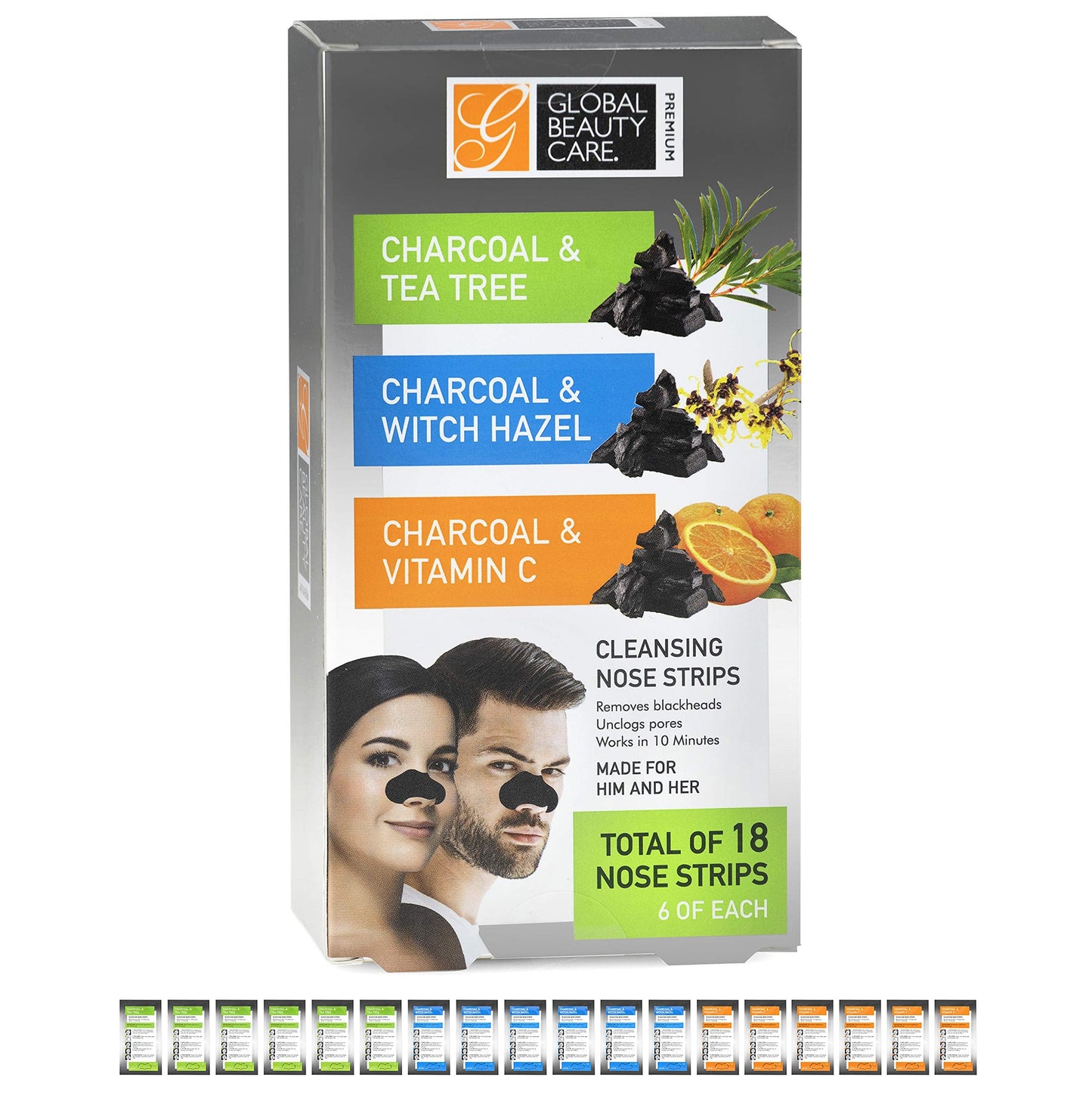 Global Beauty Care Premium 18 Nose Cleansing Strips VARIETY PACK Charcoal with Tea Tree, Witch Hazel, & Vitamin C For Blackheads Removal Strips - 18 Beauty & Personal Care Global Beauty Care