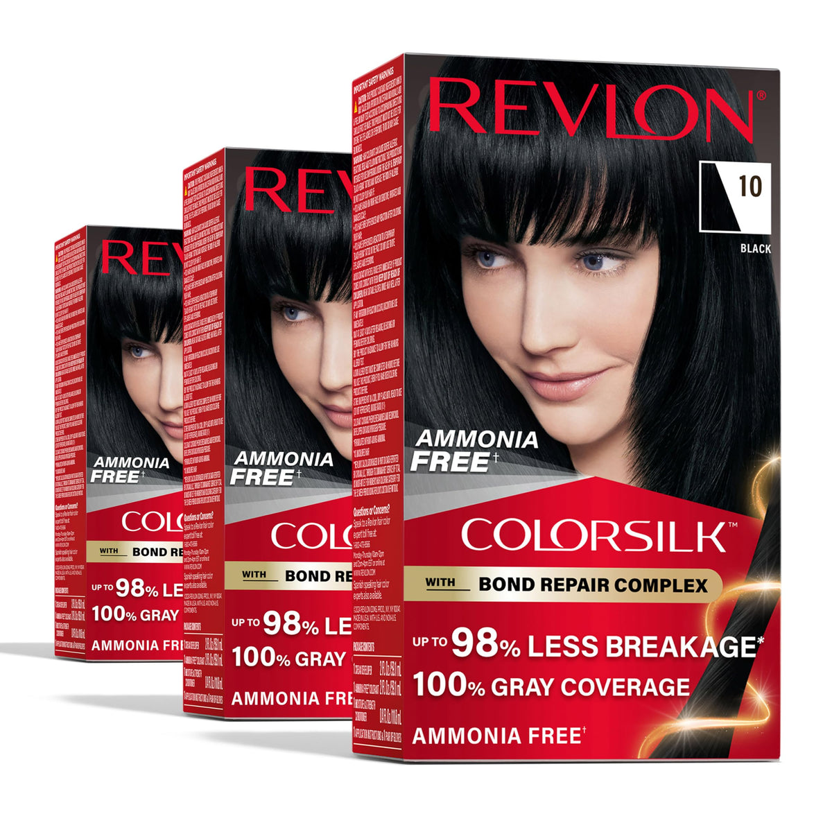 Revlon ColorSilk with Bond Repair Complex, Black Permanent Hair Color, 100% Gray Coverage, Ammonia Free Hair Dye, Vegan Keratin, 10 Black (Pack of 3) Beauty & Personal Care REVLON
