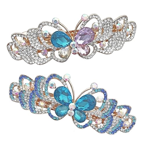 Rhinestone Crystal Barrettes - Set of 2 - Jeweled Butterfly Hair Clips - 1 with Blue Crystals and 1 with Mulit-Colored Crystals - Rose Gold Tone Metal Beauty & Personal Care BANBERRY DESIGNS