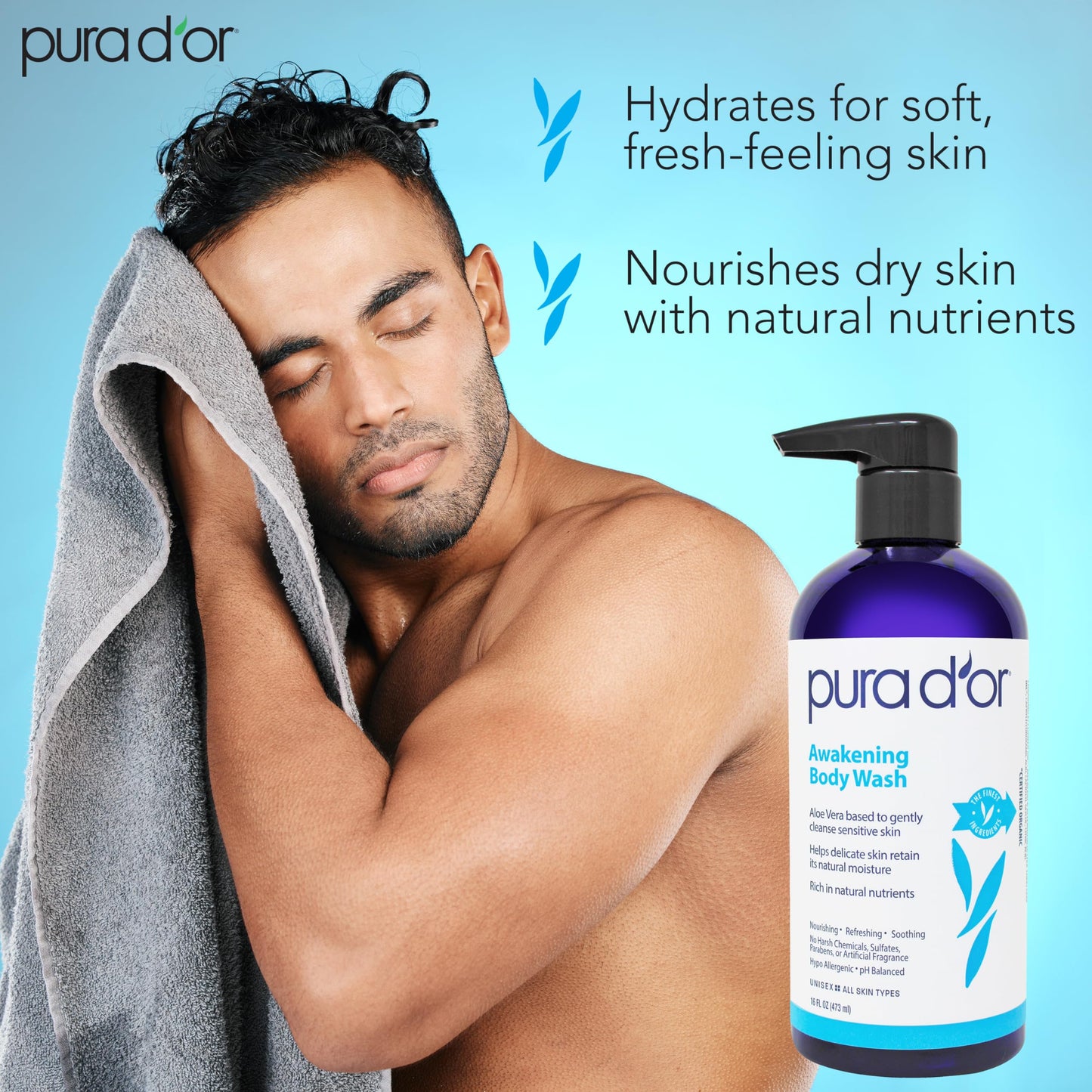 PURA D'OR 16 Oz Awakening Body Wash with Aloe Vera, Chamomile, Lavender, Tea Tree and Natural Nutrients - pH Balanced for Moisturized Soft Beauty & Personal Care PURA D'OR
