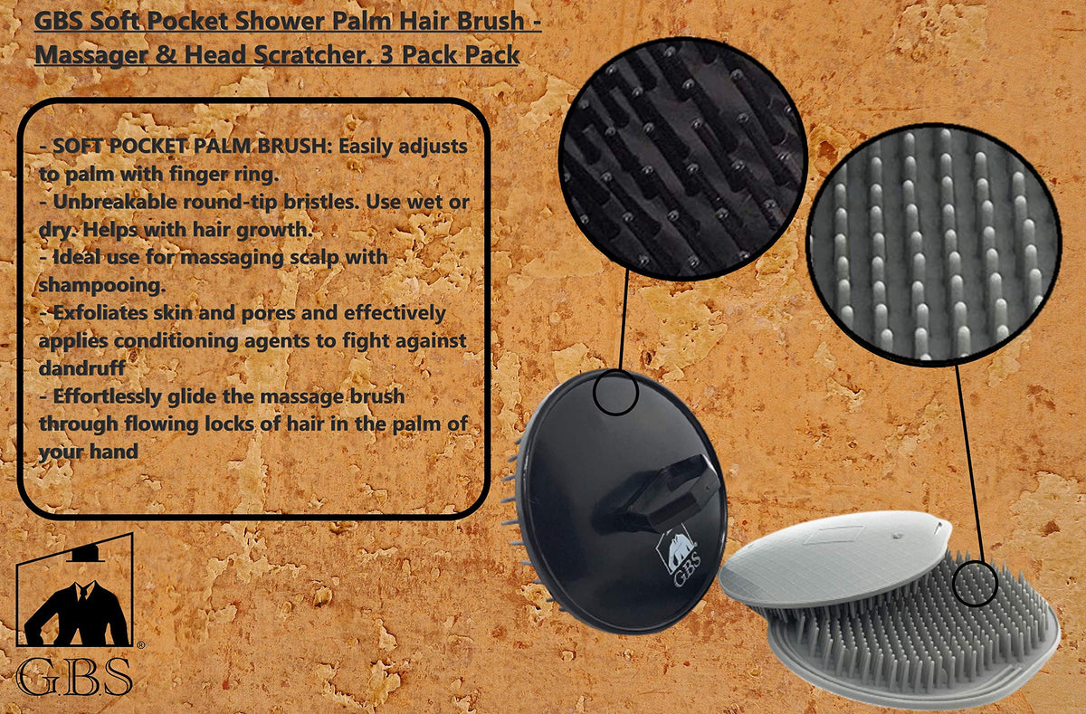G.B.S Head Shampoo Scalp Massager Brush and Soft Palm Pocket Comb for All Hair Types, Pack of 3 (1 Black and 2 Gray) Made in U.S.A Beauty & Personal Care G.B.S