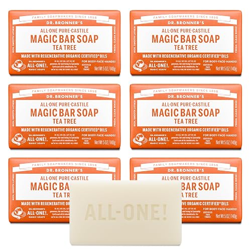 Dr. Bronner's Pure-Castile Magic Bar Soap (Tea Tree, 5 ounce, 6-Pack) - Made with Regenerative Organic Certified Oils, For Face, Body & Hair, Gentle Beauty & Personal Care Dr. Bronner's