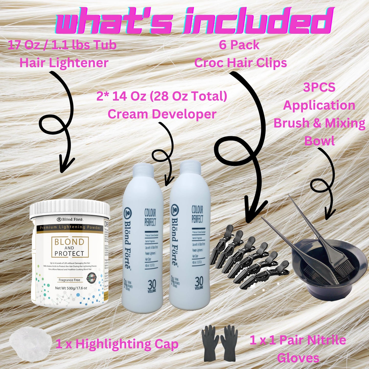 1 Lbs/17 Oz Tub Blond And Protect Premium Hair Lightener 8+ Levels + 13.5 Oz/400 ml Developer Volume & Hair Coloring Brush (Bundle - 5 items) (30 Beauty & Personal Care Blond Forte