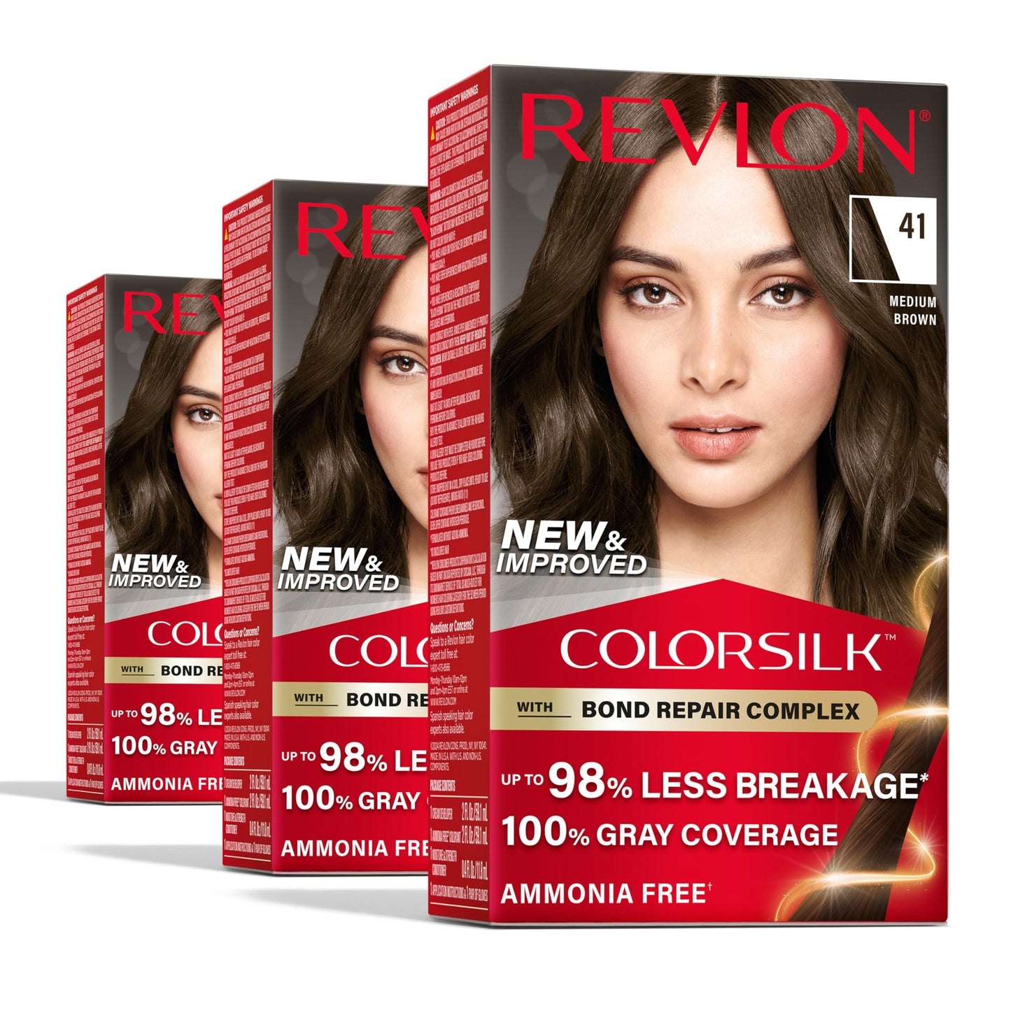 Revlon ColorSilk with Bond Repair Complex, Brown Permanent Hair Color, 100% Gray Coverage, Ammonia Free Hair Dye, Vegan Keratin, 41 Medium Brown (Pack Beauty & Personal Care REVLON