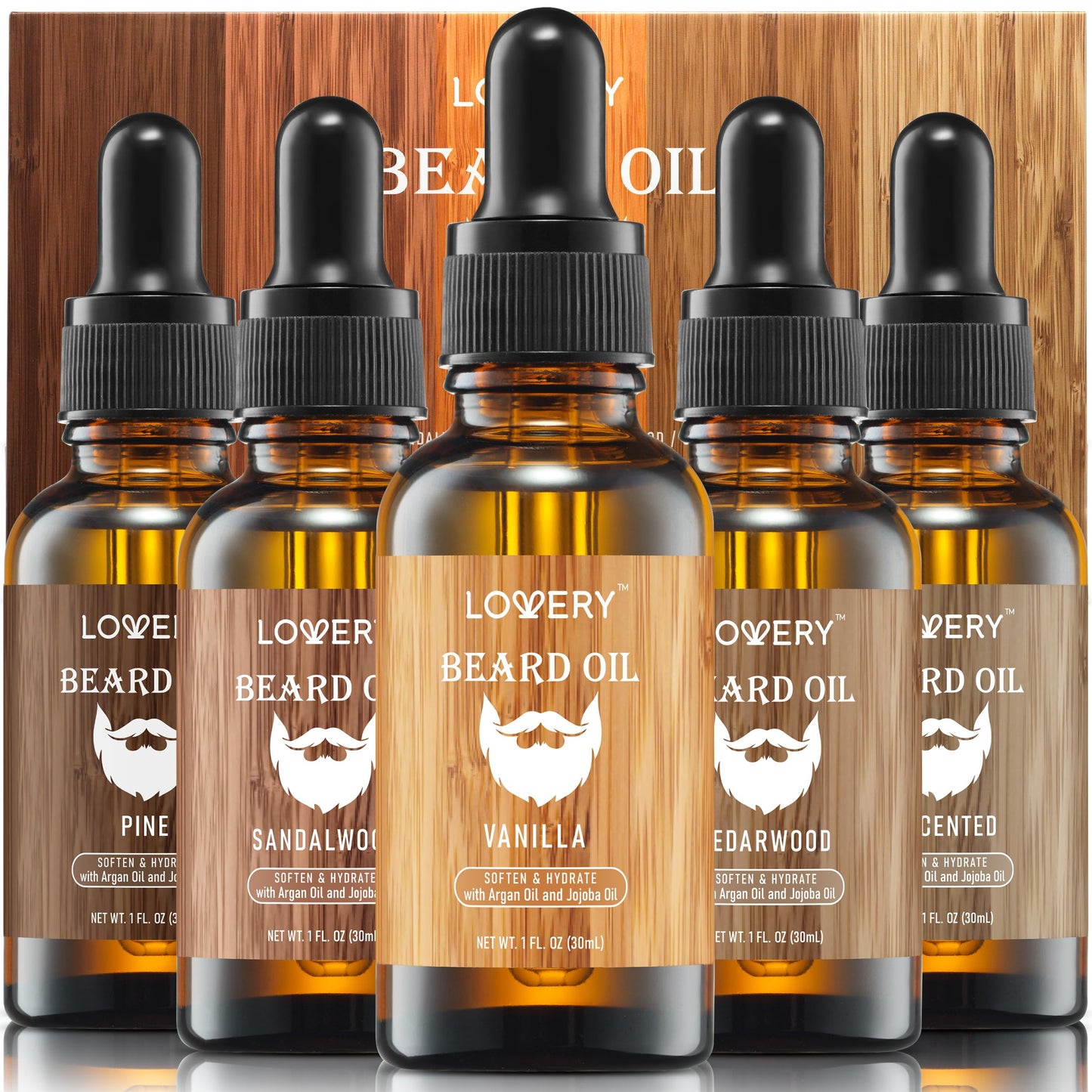LOVERY (5 Pack Beard Oil for Men, Natural Mens Beard Oil Kit Variety Set - Sandalwood, Vanilla, Cedarwood, Pine, Unscented, W Argan & Jojoba Oil, Mens Beauty and Personal Care LOVERY