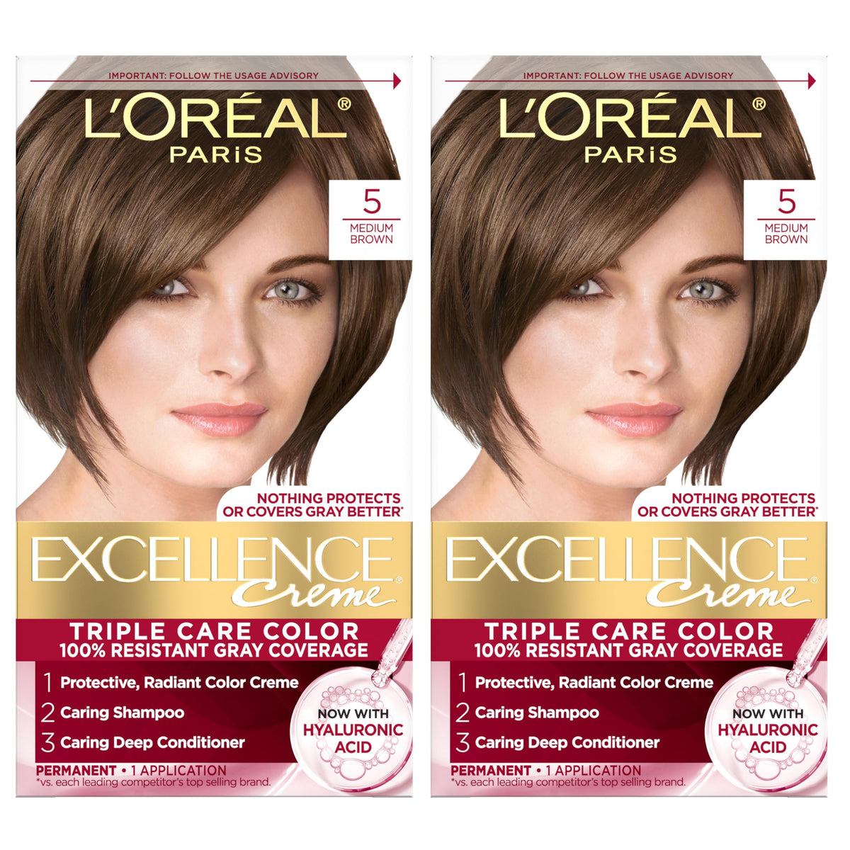 L'Oreal Paris Excellence Crème Permanent Hair Dye, Triple Care Hair Color with Hyaluronic Acid for 100% Gray Coverage, 5 Medium Brown, 1 Kit (Pack