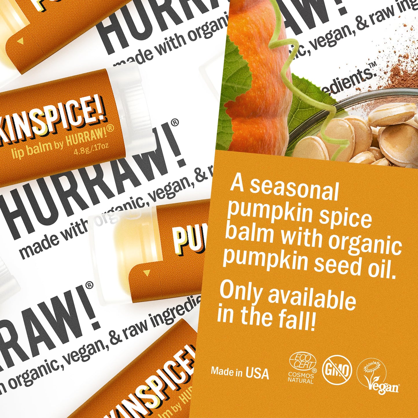 Hurraw! Pumpkin Spice Lip Balm: Organic, Certified Vegan, Cruelty and Gluten Free. Non-GMO, 100% Natural Ingredients. Bee, Shea, Soy and Palm Free. Beauty & Personal Care HURRAW!