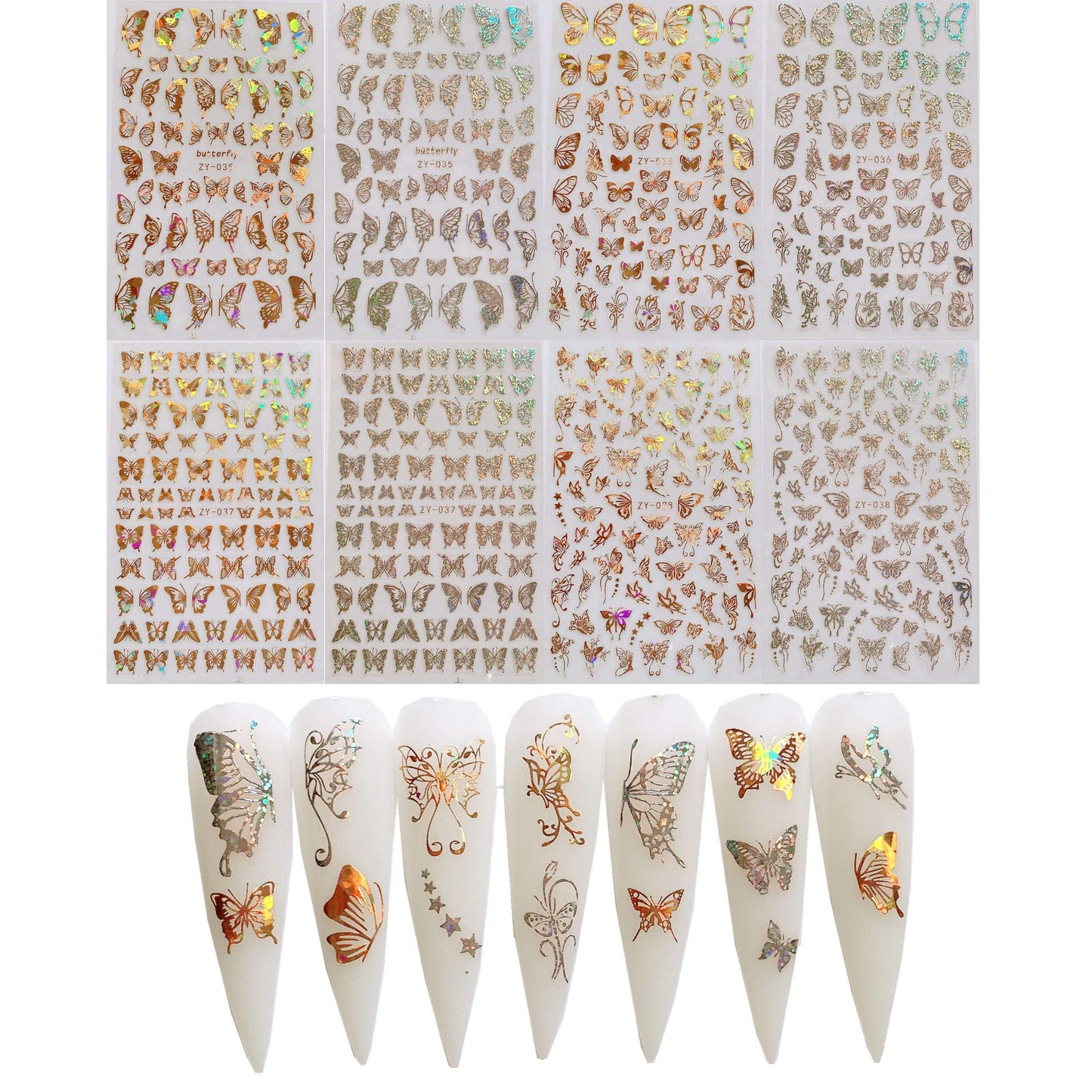 NAIL ANGEL 8Sheets Nail Art Adhesive Sticker Sheets Different Laser Gold and Silver Color Butterfly Shapes Nail Art Decoration 10238 Beauty & Personal Care NAIL ANGEL