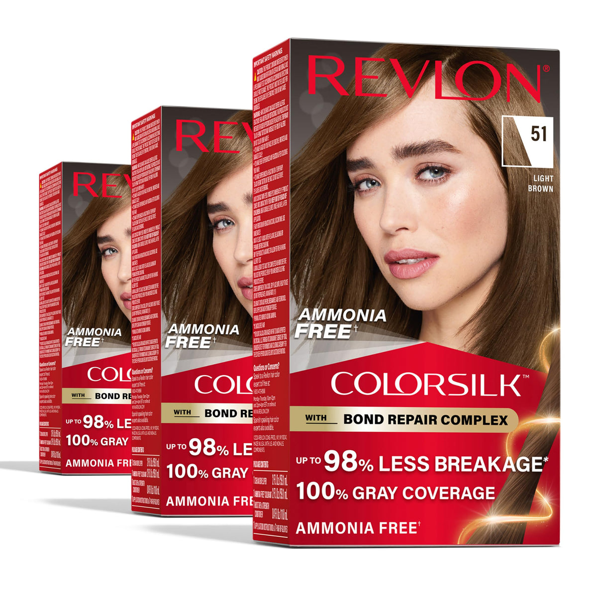 Revlon ColorSilk with Bond Repair Complex, Brown Permanent Hair Color, 100% Gray Coverage, Ammonia Free Hair Dye, Vegan Keratin, 51 Light Brown (Pack Beauty & Personal Care REVLON