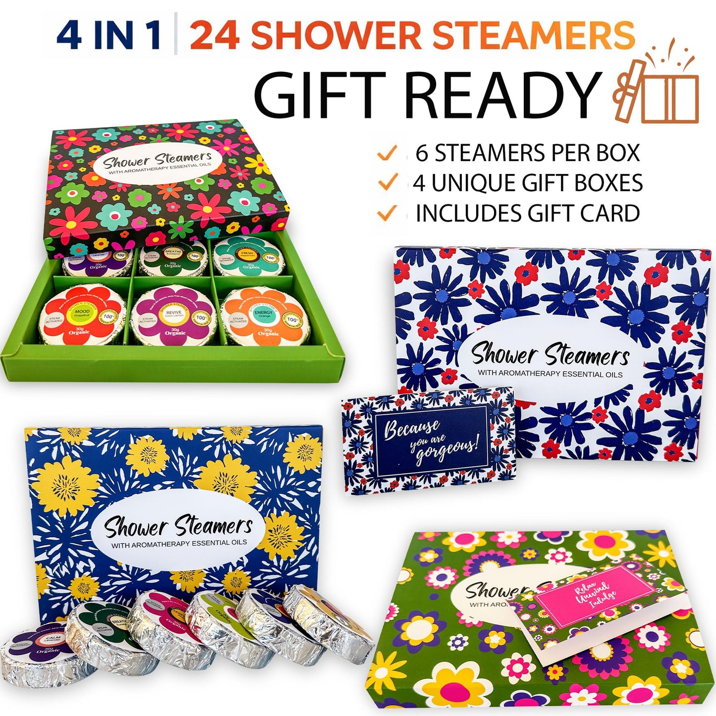 Shower Steamers for Women Gift Set, 24pc Shower Bombs Aromatherapy Gift Set w/Organic Essential Oils. Shower Melts, Bath Bombs for Shower, Birthday Beauty and Personal Care Mineral Me California