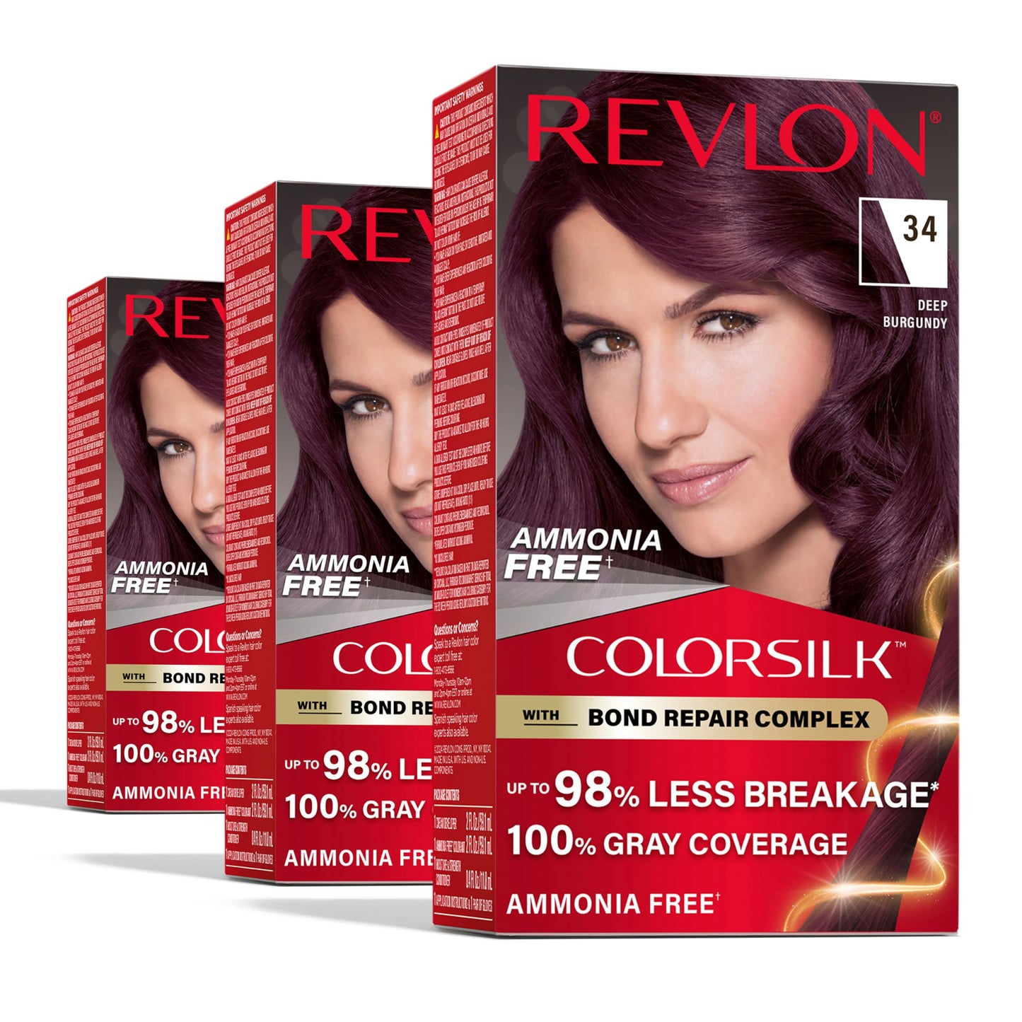 Revlon ColorSilk with Bond Repair Complex, Burgundy Permanent Hair Color, 100% Gray Coverage, Ammonia Free Hair Dye, Vegan Keratin, 34 Deep Burgundy Beauty & Personal Care REVLON