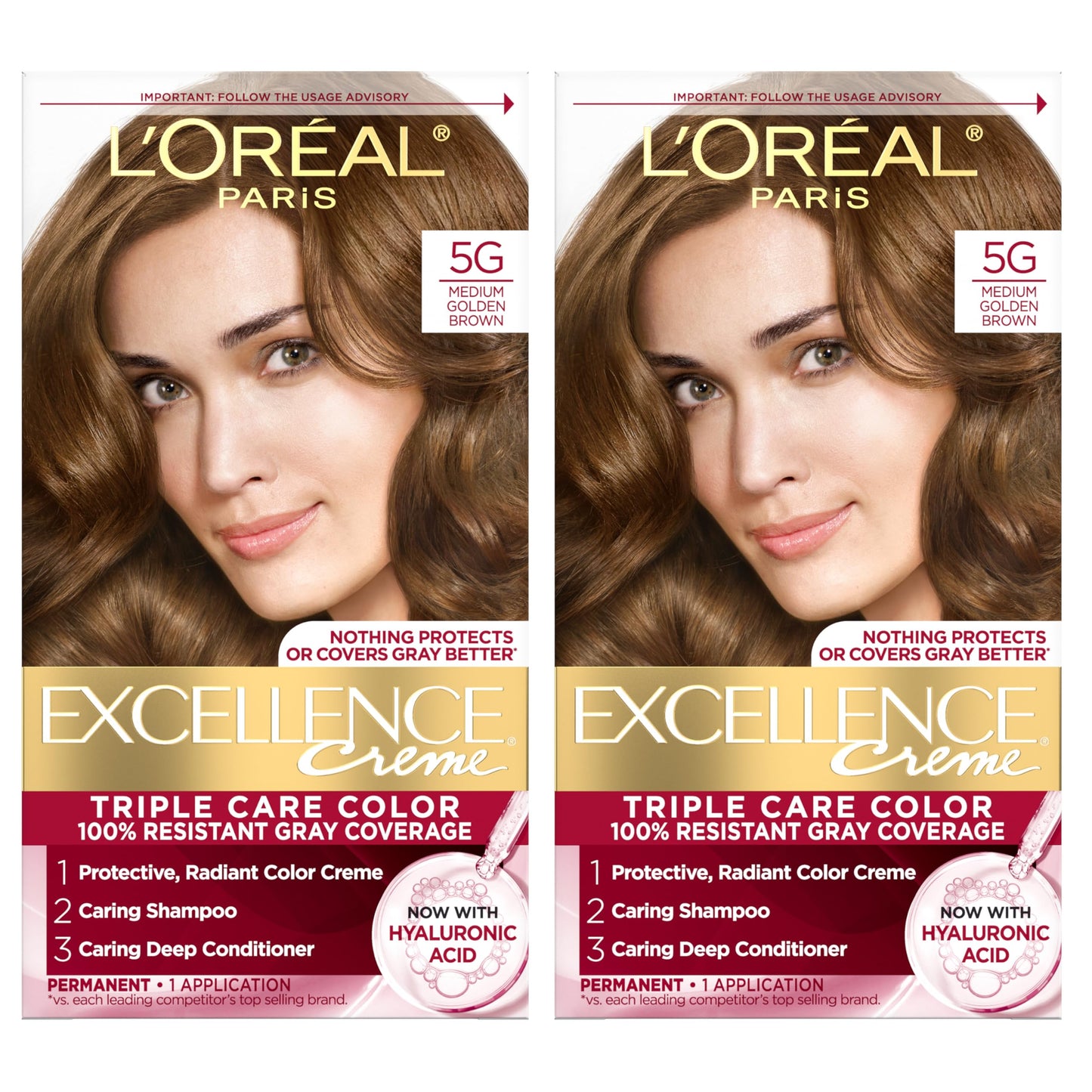 L'Oreal Paris Excellence Crème Permanent Hair Dye, Triple Care Hair Color with Hyaluronic Acid for 100% Gray Coverage, 5G Medium Golden Brown, 1 Kit Beauty & Personal Care L'Oreal Paris