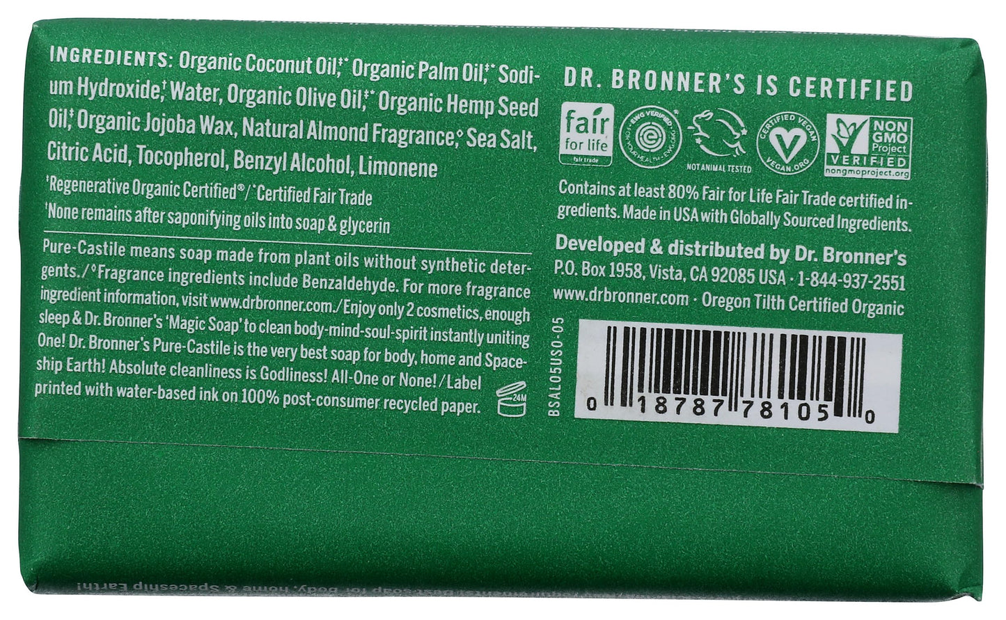 Dr. Bronners Almond Castile Bar Soap, 5 OZ Beauty & Personal Care Dr. Bronner's