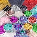 12 Colors of Holographic Chunky Glitter with Quick Dry Glue, 12 Pots Total 120g Multi-Shaped for Body Hair Face Eyes Make-up, Nail Art and Bedazzling Beauty & Personal Care BELLEBOOST