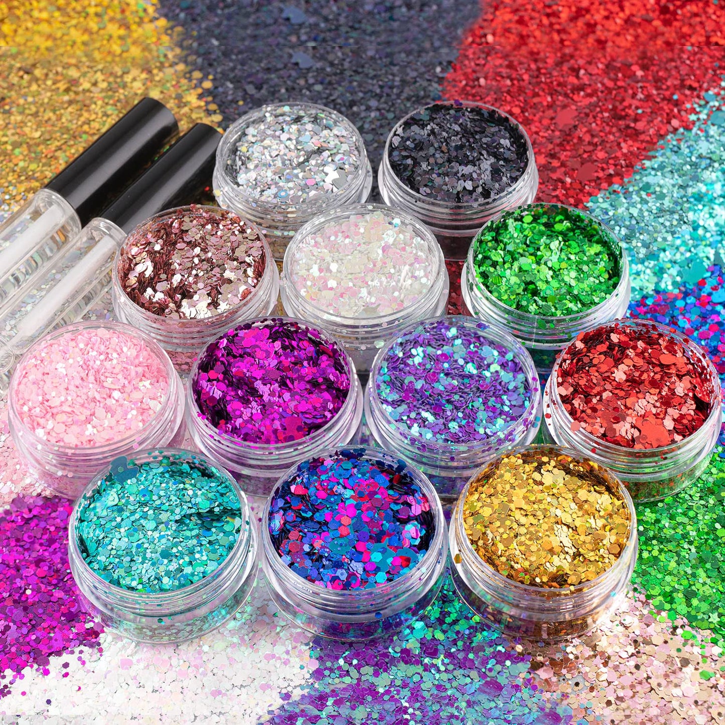 12 Colors of Holographic Chunky Glitter with Quick Dry Glue, 12 Pots Total 120g Multi-Shaped for Body Hair Face Eyes Make-up, Nail Art and Bedazzling Beauty & Personal Care BELLEBOOST