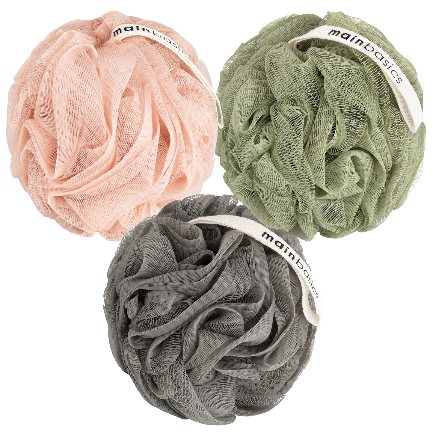 MainBasics Bath Shower Loofah Sponge Pouf Body Scrubber Exfoliator Body Wash Sponge (Set of 3, Earthy Love) Beauty & Personal Care MainBasics