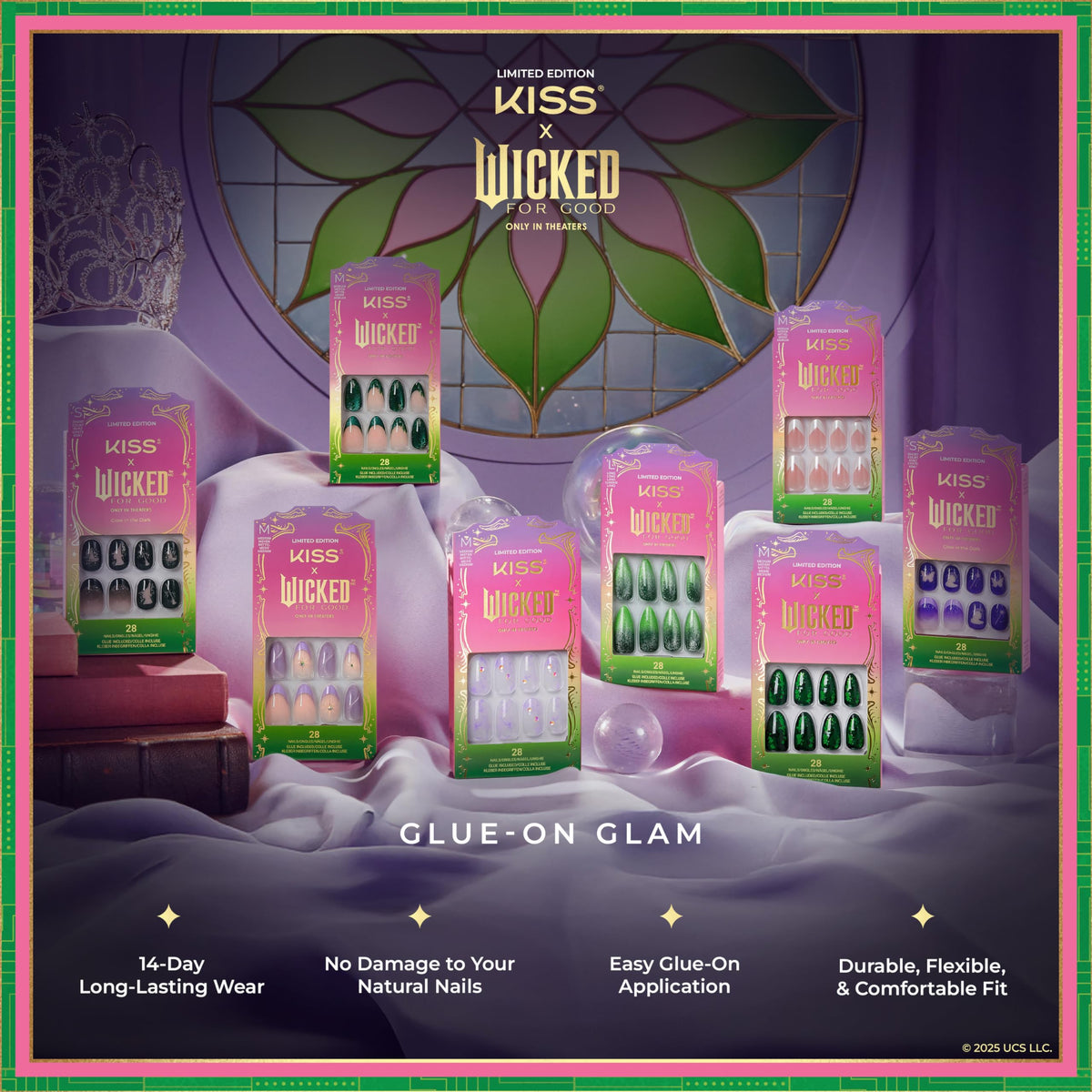 KISS X WICKED: FOR GOOD Press On Nails, ‘Bubble Of Brilliance’, Purple, Medium Oval, Waterproof, Chip Proof, Smudge Proof, 28 Fake Nails, Pink Gel