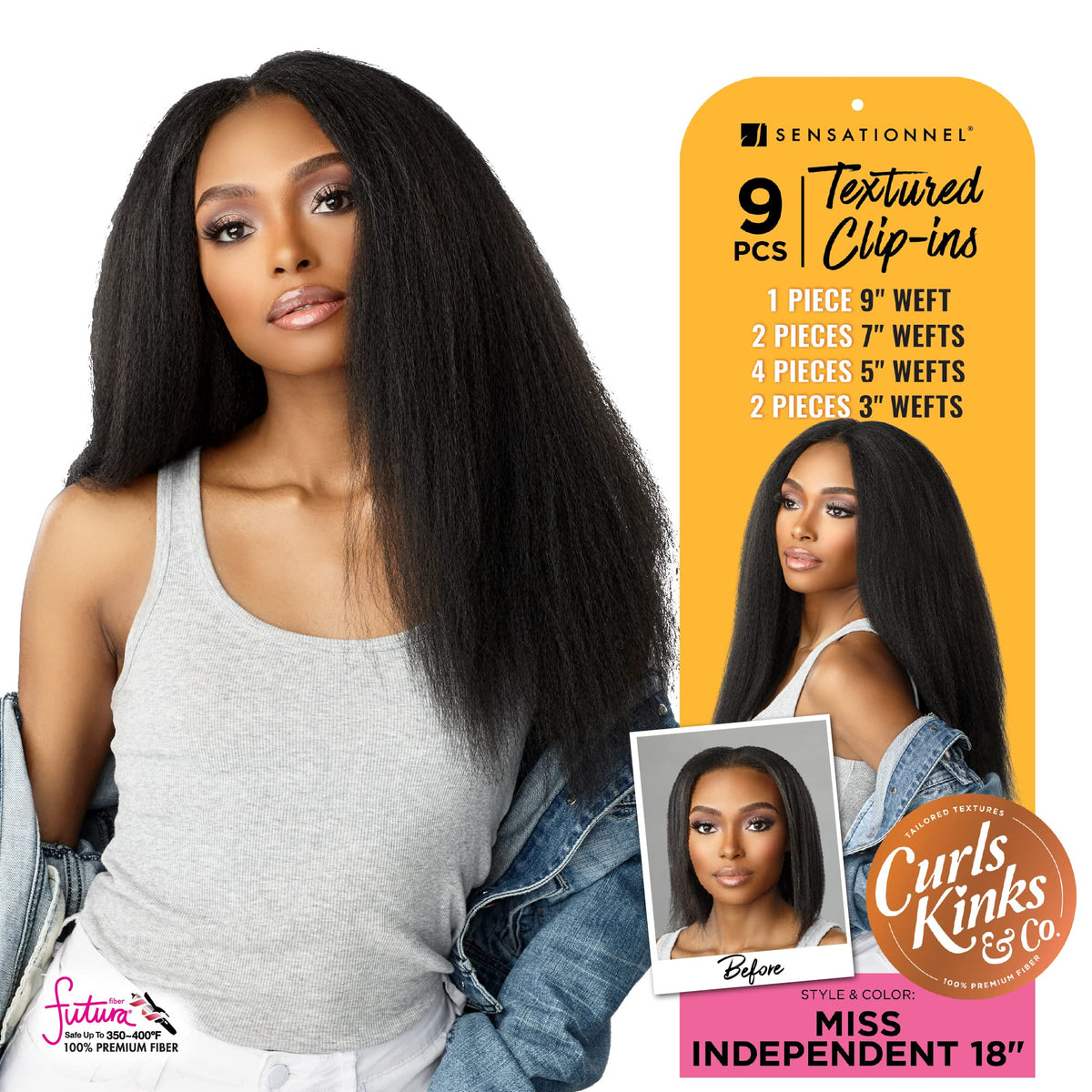 Sensationnel Curls Kinksandco Clip In - Miss Independent 18 Inch 9 Piece Pack Easy to Use Clips for Natural 3C to 4C Hair (1B OFFBLACK)