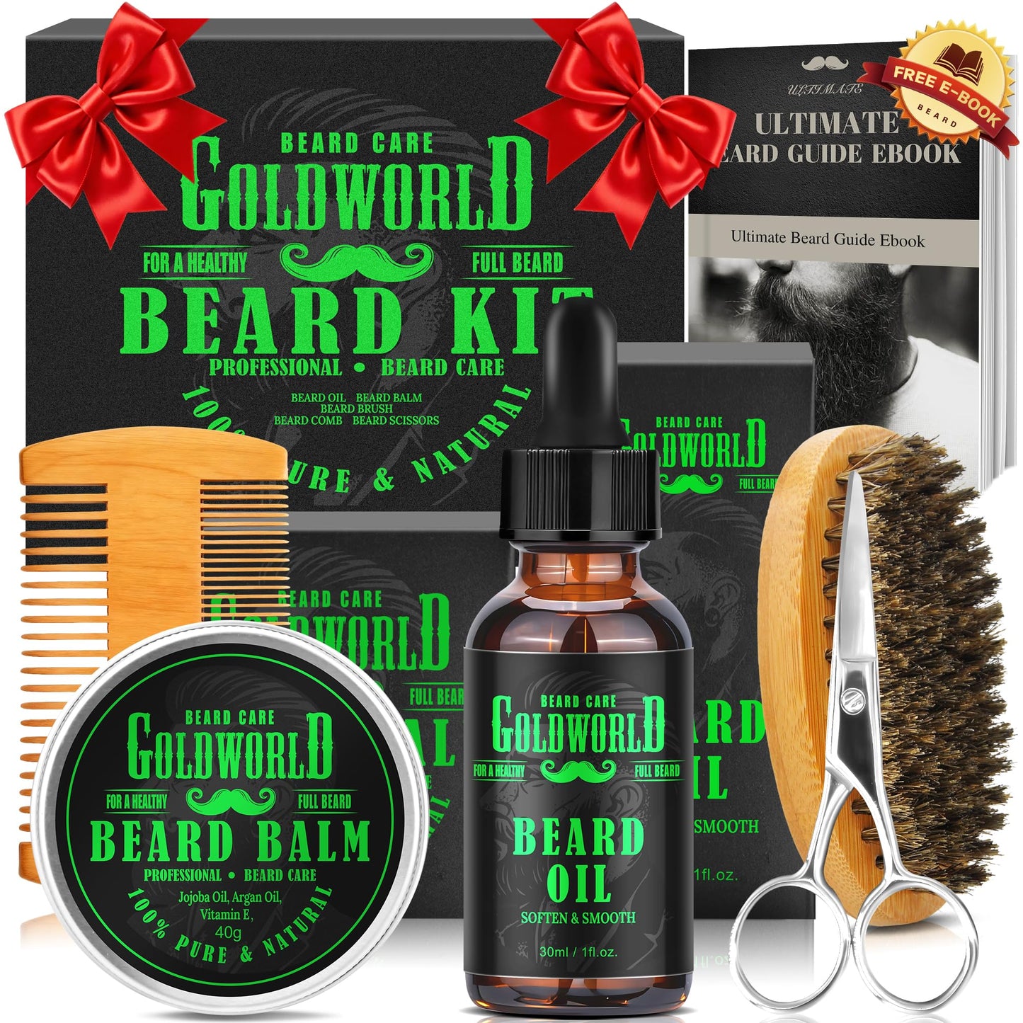 Beard Kit Beard Grooming Kit w/Beard Oil Balm Brush Comb Scissor e-Book Christmas Stocking Stuffers Gifts Ideas for Men Him Dad Boyfriend Husband Mens Beauty & Personal Care GoldWorld