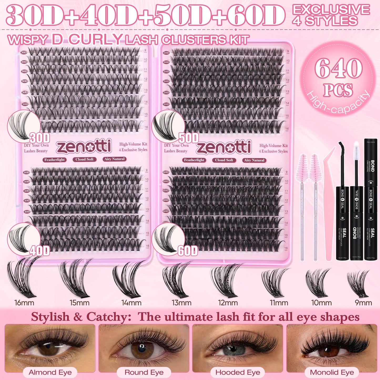 Lash Clusters Kit, 640PCS Natural Eyelash Clusters Kit 30D 40D 50D 60D Wispy Cluster Eyelash Extensions 9-16mm Daily Look Individual Lashes Soft Band Beauty and Personal Care zenotti