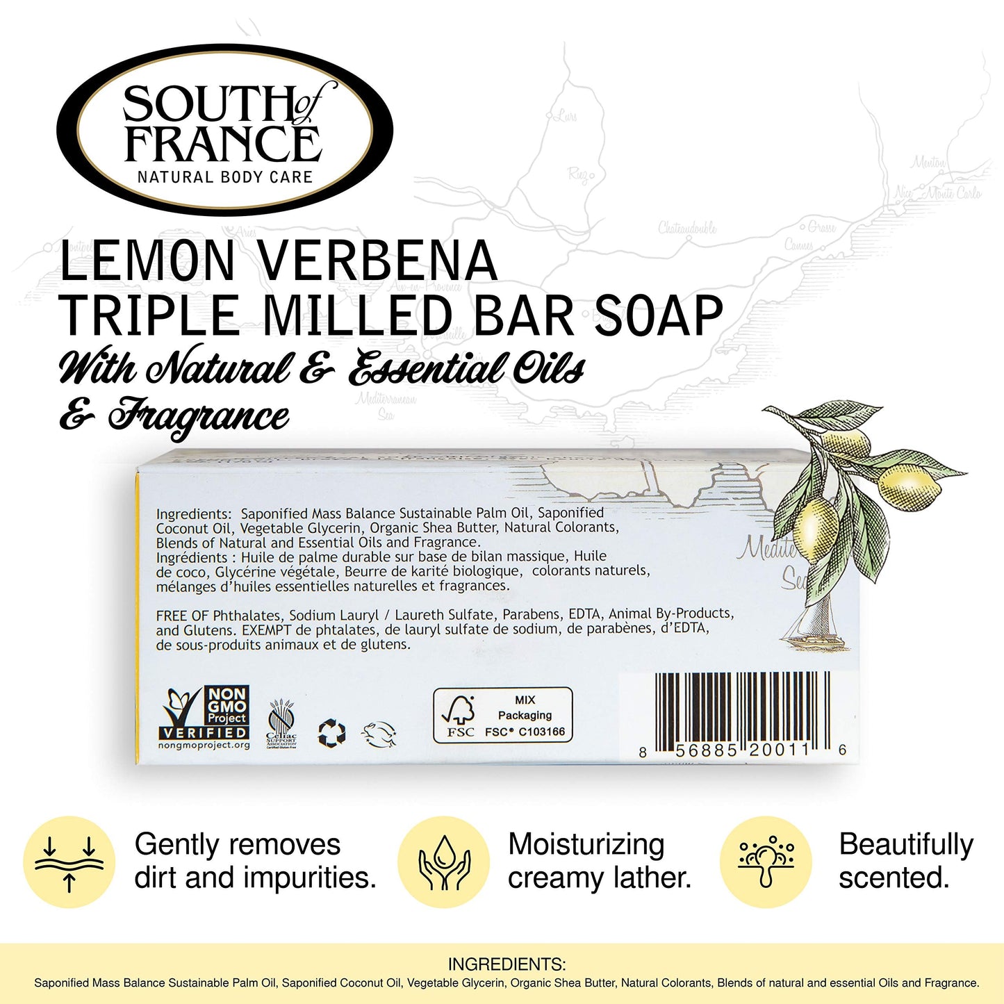 Lemon Verbena Clean Bar Soap by South of France Clean Body Care Triple-Milled French Soap with Organic Shea Butter + Essential Oils Vegan, Non-GMO Beauty & Personal Care South Of France