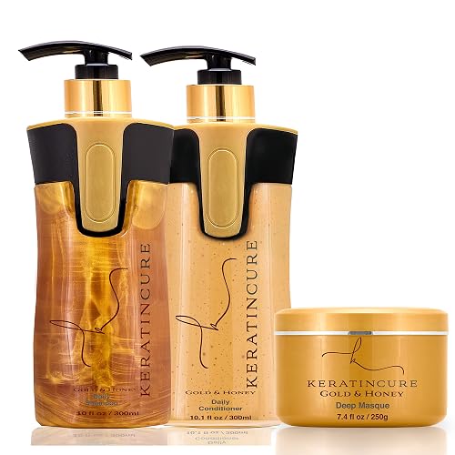 Keratin Cure Brazilian Gold & Honey Sulfate Free Shampoo Conditioner Masque Best for Damaged Dry, Curly or Frizzy Hair - Thickening for Fine/Thin Beauty & Personal Care Keratin Cure