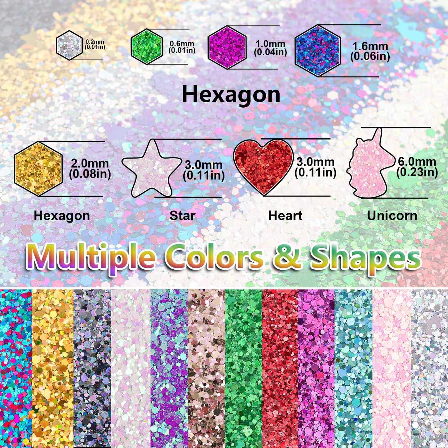 12 Colors of Holographic Chunky Glitter with Quick Dry Glue, 12 Pots Total 120g Multi-Shaped for Body Hair Face Eyes Make-up, Nail Art and Bedazzling Beauty & Personal Care BELLEBOOST