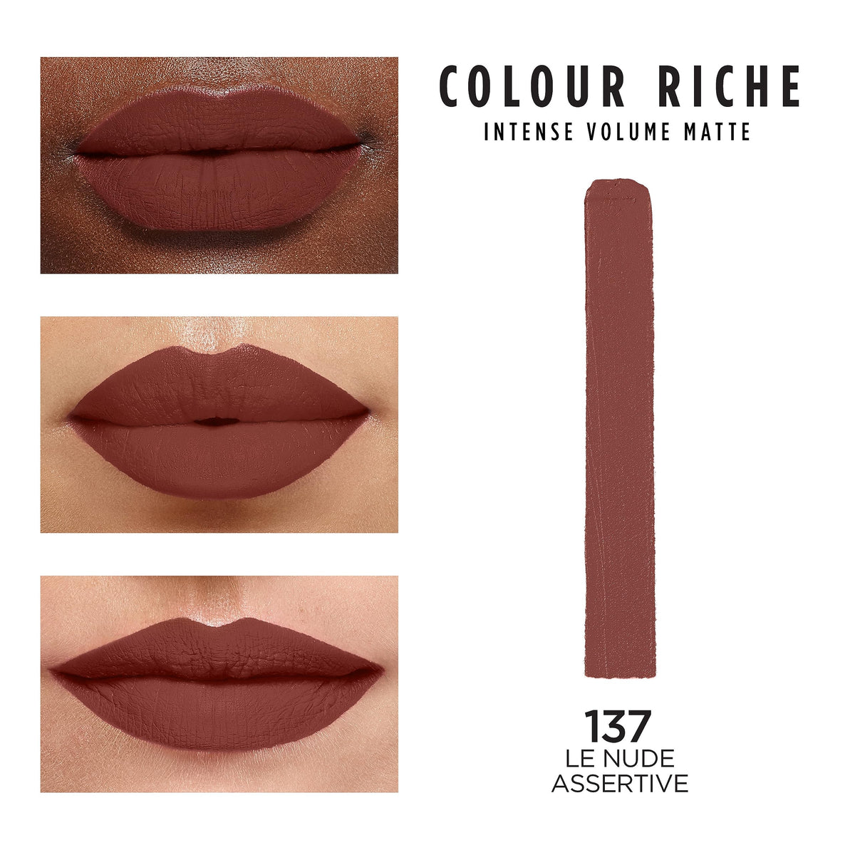 L'Oreal Paris Colour Riche Intense Volume Matte Lipstick, Lip Makeup Infused with Hyaluronic Acid for up to 16HR Wear, Le Nude Assertive, 0.06 Oz Beauty & Personal Care L'Oreal Paris