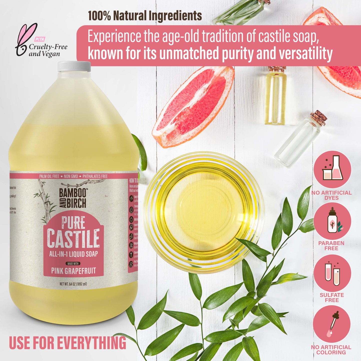 BAMBOO AND BIRCH Pure Castile Soap Liquid, Citrus Grapefruit, 64 oz Beauty & Personal Care BAMBOO AND BIRCH