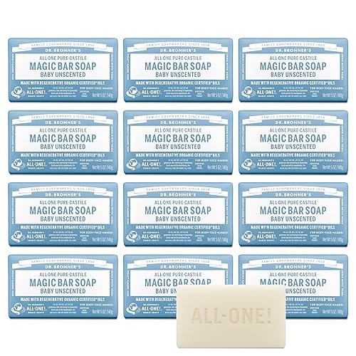 Dr. Bronner's Pure-Castile Magic Bar Soap (Baby Unscented, 5 Ounce, 12-Pack) - Made with Regenerative Organic Certified Oils, Gentle for Sensitive Beauty & Personal Care Dr. Bronner's