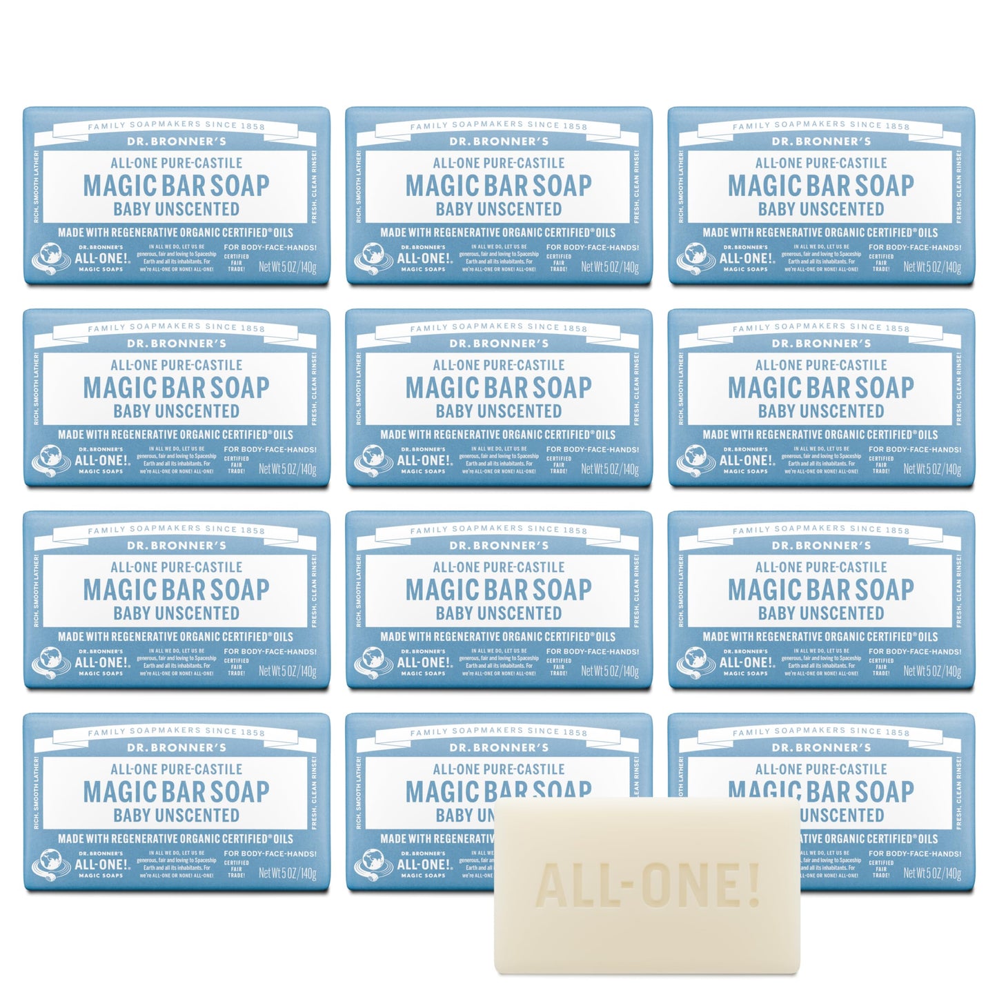Dr. Bronner's Pure-Castile Magic Bar Soap (Baby Unscented, 5 Ounce, 12-Pack) - Made with Regenerative Organic Certified Oils, Gentle for Sensitive Beauty & Personal Care Dr. Bronner's