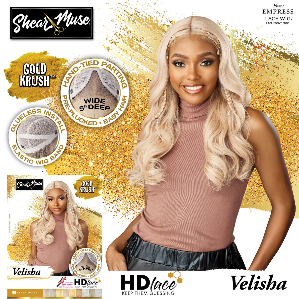 Sensationnel Shear Muse Gold Krush Lacewig-Velisha, CREAMYBLONDE