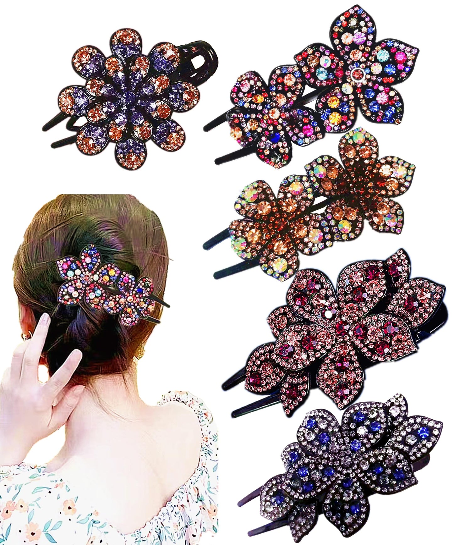 5 Pcs double flower decorative jeweled rhinestone hair clip pretty fancy floral thick crystal hair clips for women beautiful fashion designer asian Beauty & Personal Care LJC-20