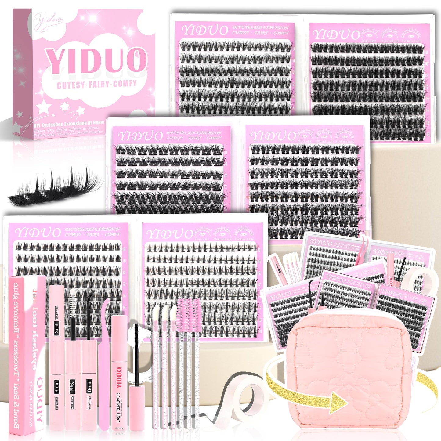 YIDUO Lash Cluster Kit Makeup Bag Set 1686pcs 40D+50D+60D+80D+100+Spikes+Bottom Full Eyelash Cluster Kit Volume Wispy 10-20mm DIY Lashes Extensions Beauty and Personal Care YIDUO Default Title