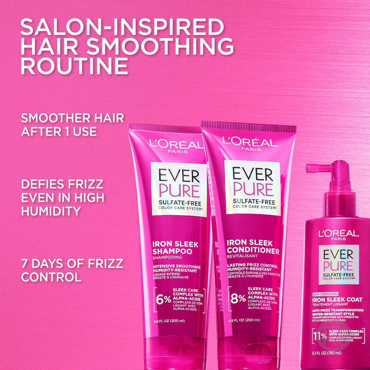 L'Oreal Paris Sulfate Free Iron Sleek Smoothing Shampoo, Frizz Control and Humidity-Resistant Formula with Alpha-Acids for Frizzy Hair, Suitable