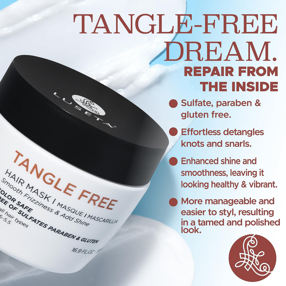 Luseta Tangle Free Hair Mask for Women and Men for Detangling with Keratin and Argan Oil, Color Safe Hair Mask for Curly and Wavy 16.9oz