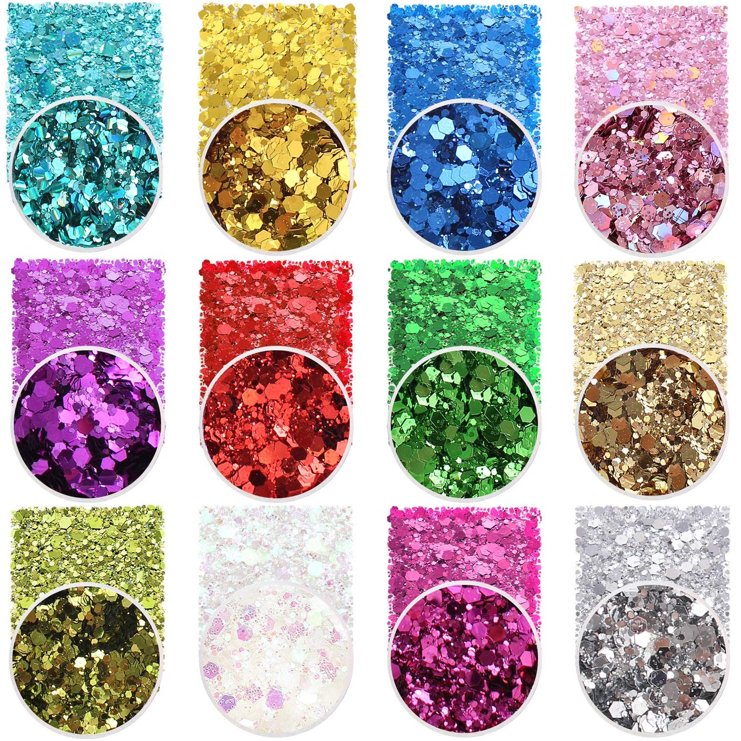 Holographic Chunky Sequins 12 Colors Mixed Laser Cosmetic Glitter for Face, Body, Eye, Hair, Nail Art, Lip Gloss - Festival Glitter Makeup Beauty & Personal Care Estanoite