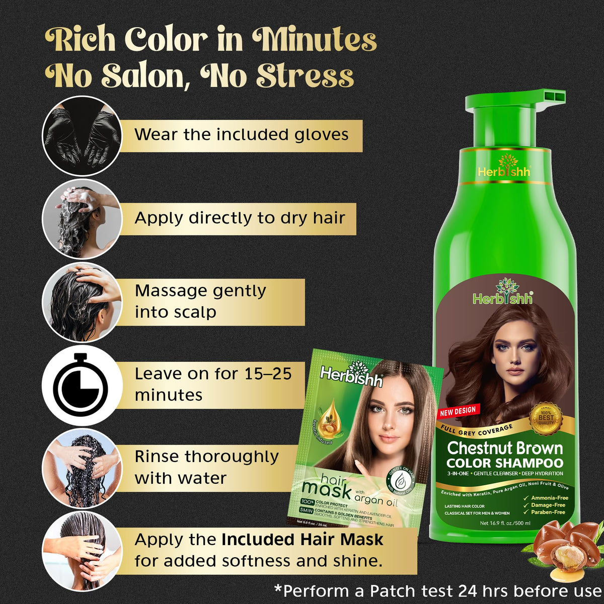 Herbishh Hair Color Shampoo for Gray Hair - Natural Hair Dye Shampoo - Colors Hair in Minutes - Lasts Up To 3-4 Weeks - 500 Ml - 3-In-1 Hair Color Beauty & Personal Care Herbishh