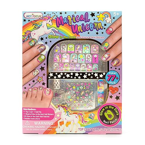 Hot Focus Unicorn Nail Kit - Kids Nail Polish Set for Girls Ages 5 6 7-12 with 77+ Pieces, Spa Kit, Nail Art Decoration Set, Glow-in-the-dark Beauty & Personal Care Hot Focus