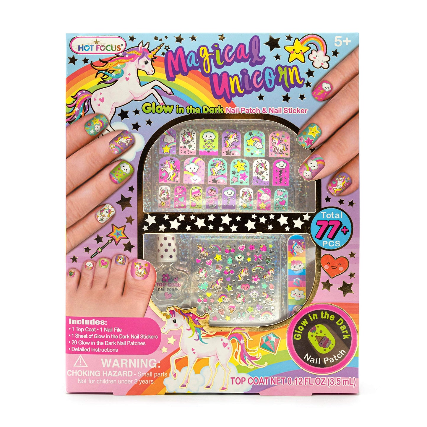 Hot Focus Unicorn Nail Kit - Kids Nail Polish Set for Girls Ages 5 6 7-12 with 77+ Pieces, Spa Kit, Nail Art Decoration Set, Glow-in-the-dark Beauty & Personal Care Hot Focus