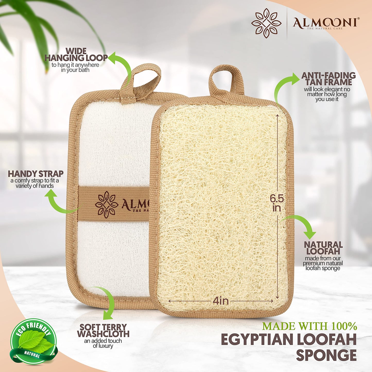 Almooni Premium Egyptian Exfoliating Loofah Pad Body Scrubber - Rectangular loofa Shape - Made with Natural Egyptian Shower lufa Sponge That Gets You Beauty & Personal Care ALMOONI