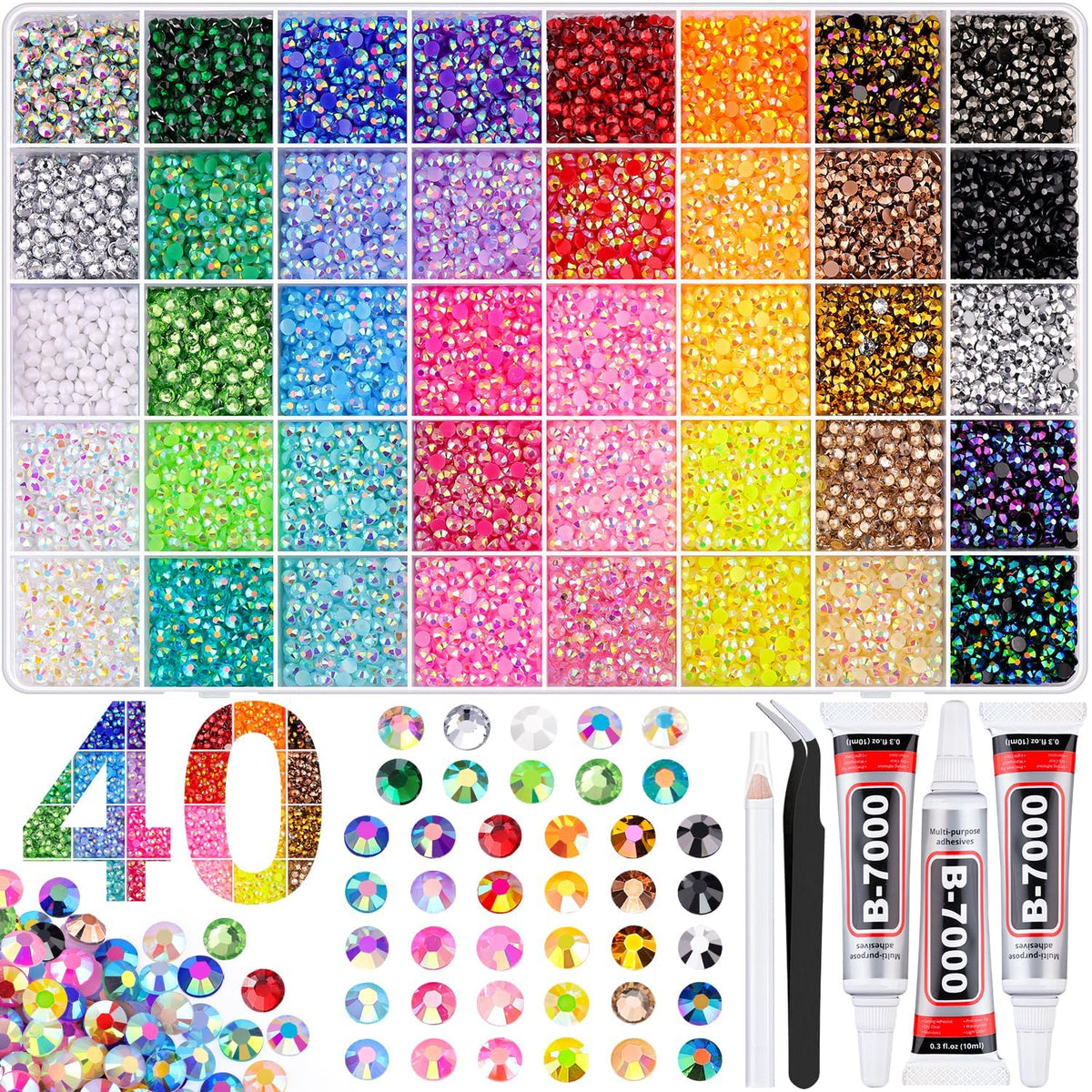 BELLEBOOST 50000Pcs 40 Colors Jelly Rhinestones Bedazzling kit, 3mm Multicolor Resin Flatback Gems for Diamond Art, Bedazzler Kit with 3Pcs 10ml B7000