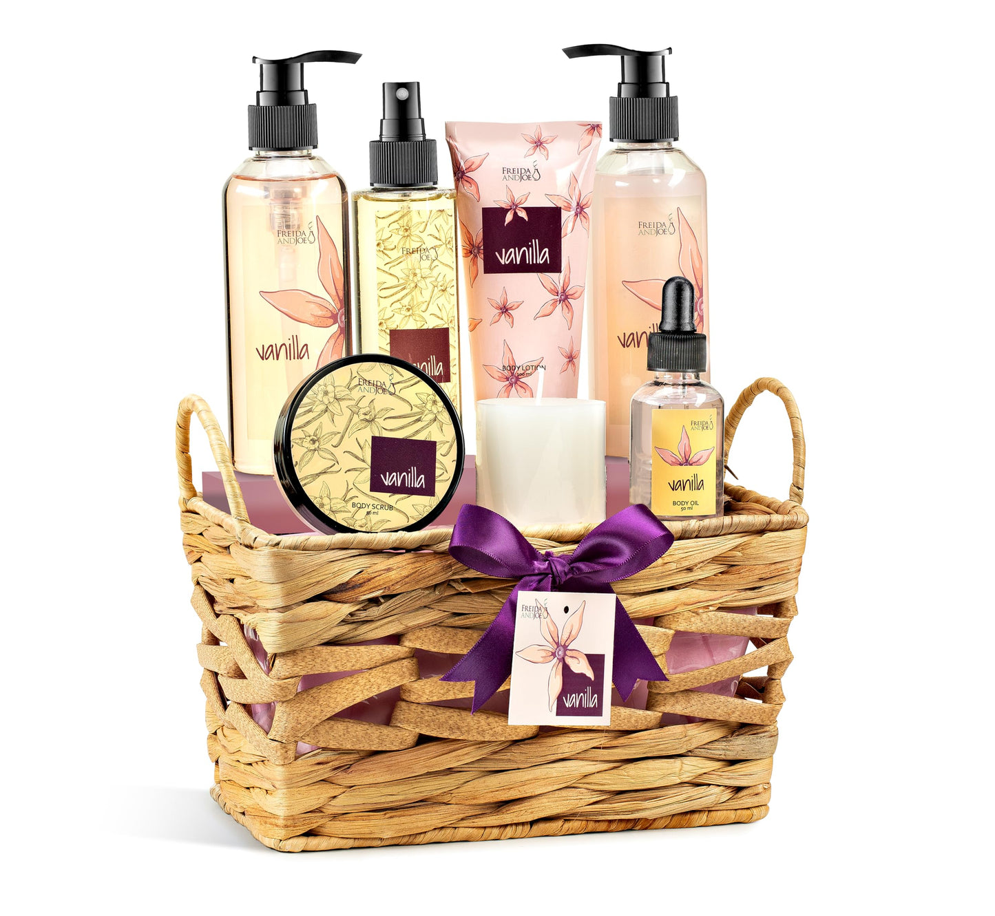 Vanilla Spa Gift Basket for Women - Mother’s Day Bath & Body Gift Set with Shower Gel, Bubble Bath, Body Lotion, Body Mist, Body Oil & Candle - Self Beauty and Personal Care Freida and Joe