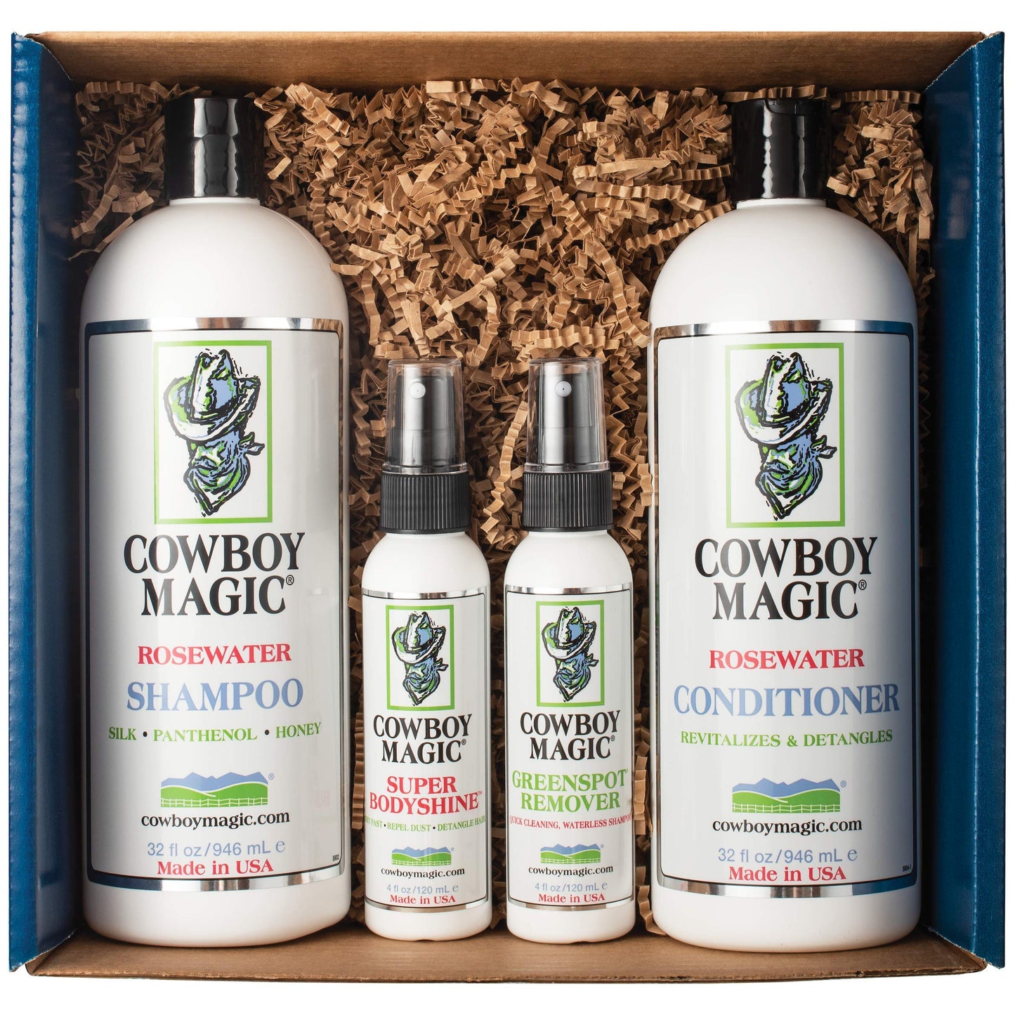 Cowboy Magic Show Ready LIMITED EDITION Box Set - 32 Oz Rosewater Shampoo, 32 Oz Conditioner, 4 Oz Greenspot Remover, 4 Oz Superbody Shine, and Bonus Beauty & Personal Care Cowboy Magic